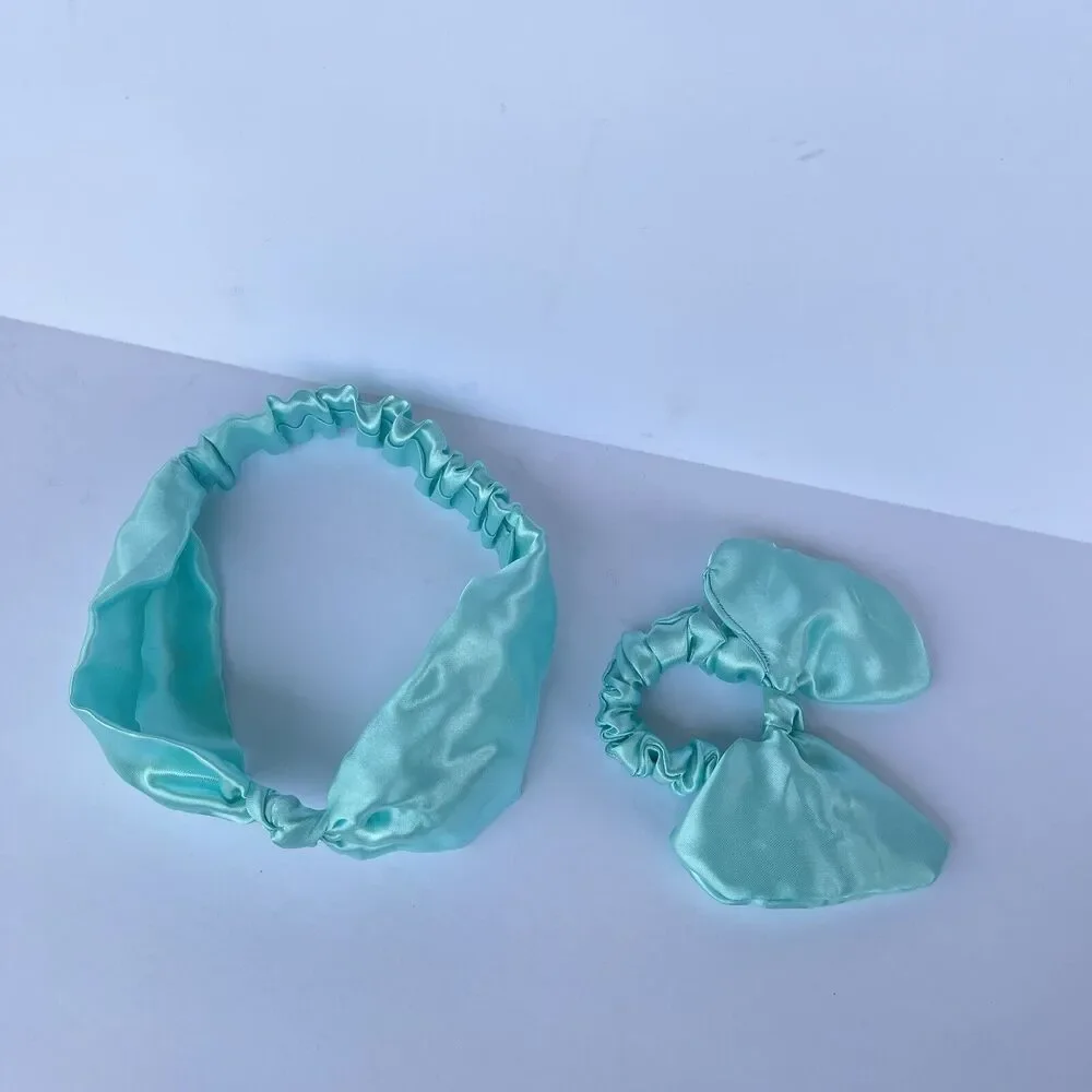 2 New Bow Headband Hair Tie Blue Satin
